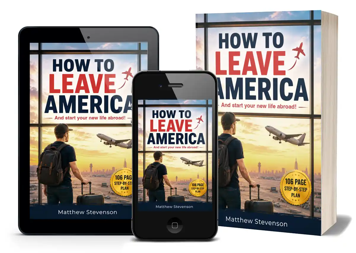 How To Leave America - the complete guide, shown on tablet, phone, and physical book